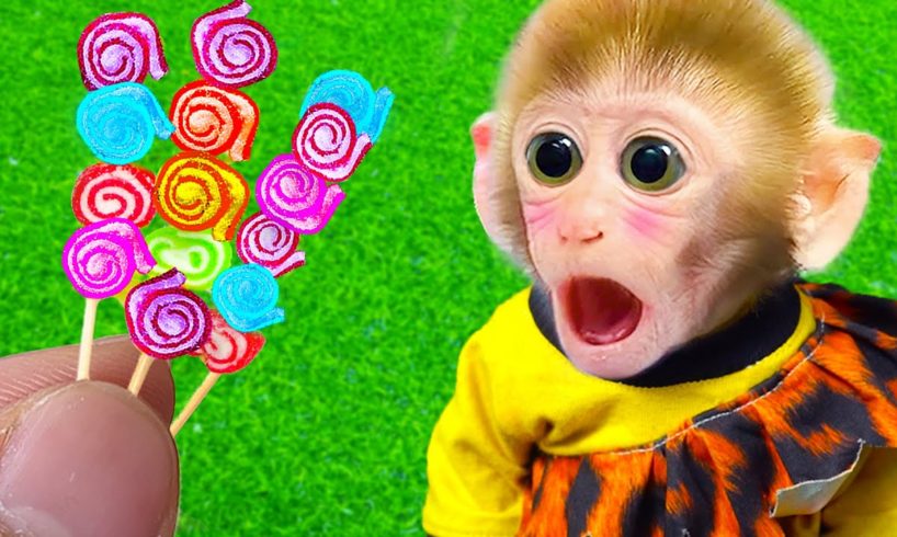 Animals Home Monkey baby Bi Bon eats marshmallow candy