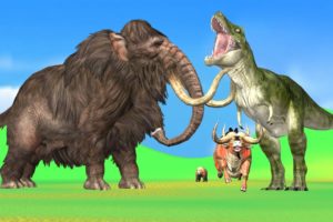 Woolly Mammoth Vs Dinosaur T-rex Fight Giant Bull Saved by Elephant Mammoth Animal Fights Battle
