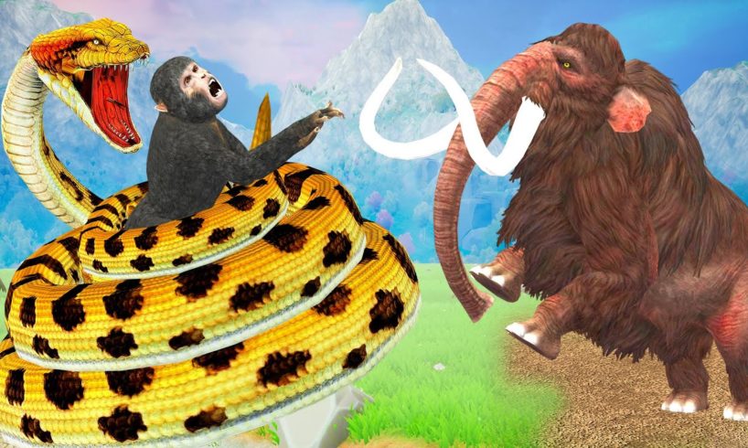 Woolly Mammoth Vs Titanoboa Snake Lion Bull Animal Fight for Monkey Rescue Saved by Mammoth Elephant