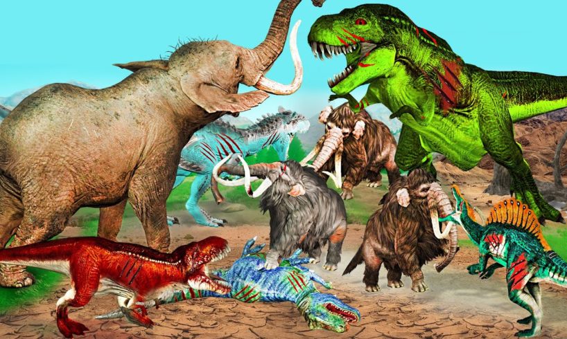 5 Zombie Dinosaurs vs Giant Elephant Fight Baby Elephant Saved By 3 Woolly Mammoths Animal Fights