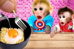 🐵Animals Home Monkey baby Bi Bon cooks instant noodles with his brother | Funny Video