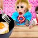 🐵Animals Home Monkey baby Bi Bon cooks instant noodles with his brother | Funny Video