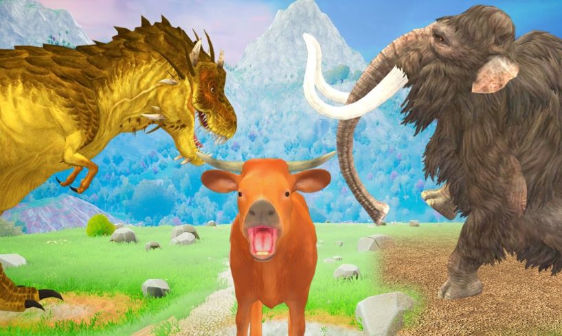 Cow Cartoon, Woolly Mammoth Vs Zombie Dinosaur Animal Fight | Mammoth Elephant Rescue Cow from T-Rex