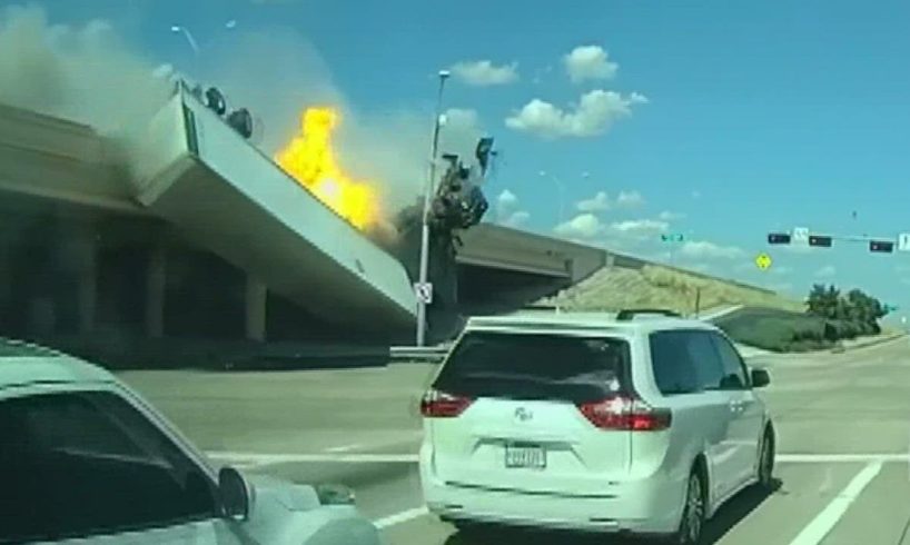 Dash camera: One dead after semi-truck flies off overpass in Allen, Texas