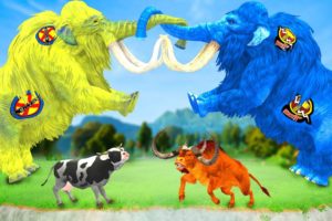 Furry Mammoth Vs Zombie Mammoth Animal Fight | Bull Attack Cow Cartoon Saved By Woolly Mammoth