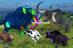 Mammoth Vs Zombie Buffalo Animal Fight | Bull Attack Cow Cartoon Saved By Woolly Mammoth