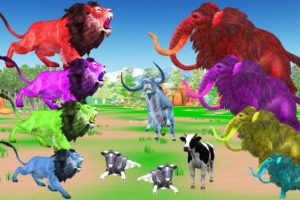 10 Zombie Lions vs 10 Zombie Mammoths Fight Cartoon Cow Rescue By Woolly Mammoth Wild Animal Revolt