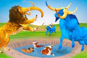 Monster Lion Mammoth vs Zombie Bulls Save  Baby Cow  Animal Fight | Bulls Turned into Zombie Bulls
