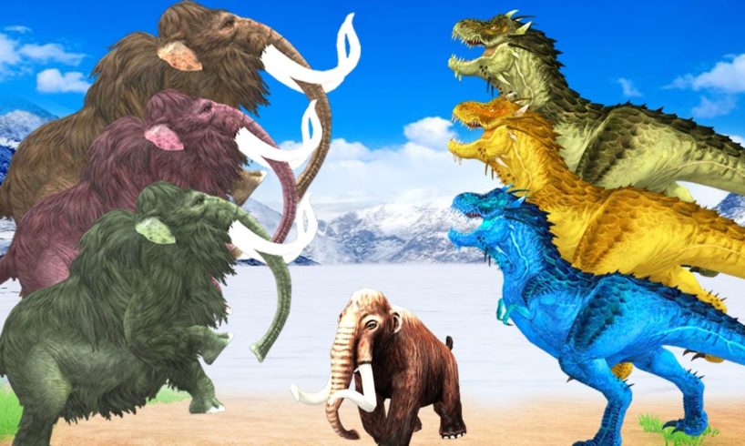 Five Mammoth Elephant Vs Dinosaurs Fight on Snow Attack Baby Mammoth Saved by Woolly Mammoth Animal