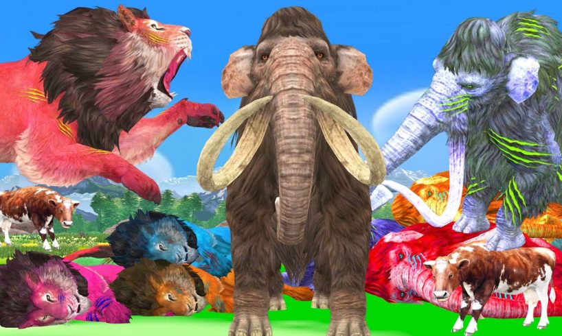 10 Zombie Mammoth vs 5 Lions Fights Cow Cartoon Saved by Woolly Mammoth Elephant Giant Animal Fights