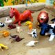 Plastic Toy Wild Animals Stuck in Mud | Cow Elephant Rooster Lion in Dino Land Mud Ground