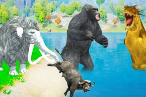 Zombie Dinosaur vs Gorilla Fight Cow Cartoon Saved By White Mammoth Animal Fights Epic Battle Video