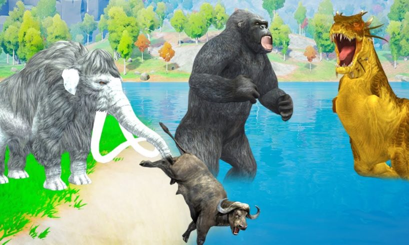 Zombie Dinosaur vs Gorilla Fight Cow Cartoon Saved By White Mammoth Animal Fights Epic Battle Video