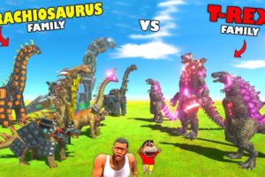 SHIN GODZILLA with T-REX FAMILY fights BRACHIOSAURUS FAMILY in Animal Revolt Battle Simulator | CHOP