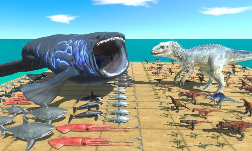 Bloop Sea Battle | Indominus Rex Fights Blue Bloop Ashore - Animal Revolt Battle Simulator