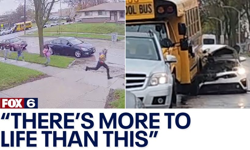 Car hits Milwaukee school bus; video shows group running after crash | FOX6 News Milwaukee