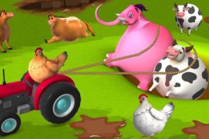 Funny Animal Adventures: Giant Fat Animals Rescue Elephant and Cow Hen with Tractor 3D Cartoons