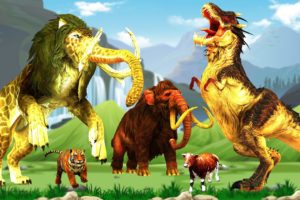 Monster Lion Elephant Mammoth vs Monster Dinosaur Animal Fights Cow Rescue Saved by Woolly Mammoth
