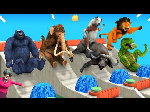 Animals Water Slide Crossing Fountain Game Cow Mammoth Elephant Gorilla Dinosaur Buffalo