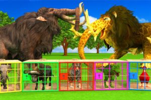 Giant Lion Elephant vs Giant Mammoth, Cow,Buffalo,Duck,Dinosaur , Elephant, Animals Rescue Saved