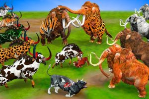 10 Monster Bull Vs 10 Zombie Mammoth fight for Cow Cartoon Saved By Tiger Mammoth Wild Animal Battle