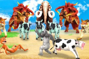 10 Zombie Cows vs 10 Zombie Tigers vs 10 Giant Buffalos Fight For Cow Cartoon Saved By Woolly Mammot