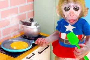 Baby Monkey Chu Chu cooking and plays with ducklings in the farm