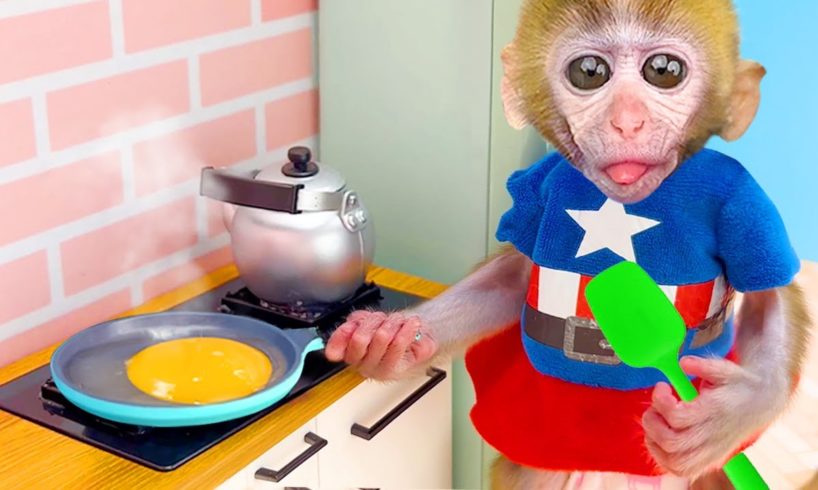 Baby Monkey Chu Chu cooking and plays with ducklings in the farm