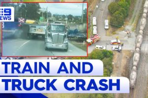 Dashcam shows moment freight train crashes into truck in Sydney | 9 News Australia