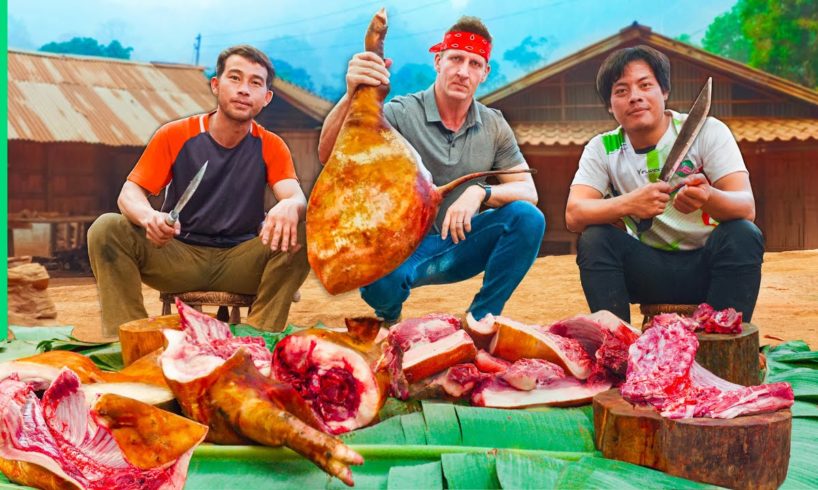 Hmong Army Cooks Huge Jungle Pig and RATS!! Laos Village Food!!