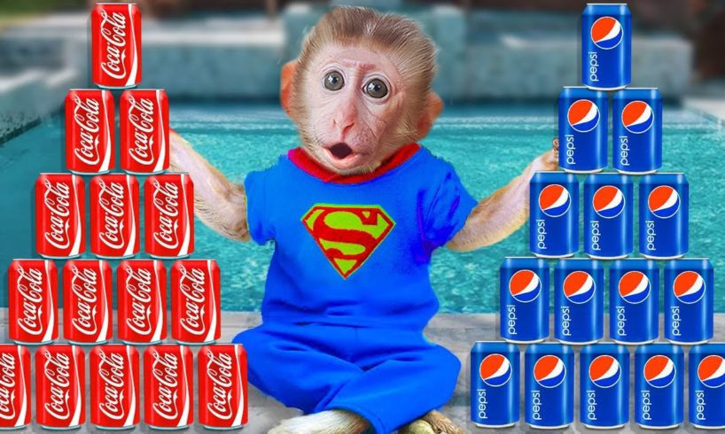 Monkey CaCa challenge with Coke vs Pepsi Pretend Play - Trending Funny Animals | Smart monkey CaCa