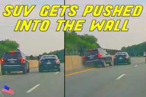 CAR CUTS ACROSS 3 LANES AND CAUSES SUV TO CRASH INTO BARRIER | Road Rage USA & Canada