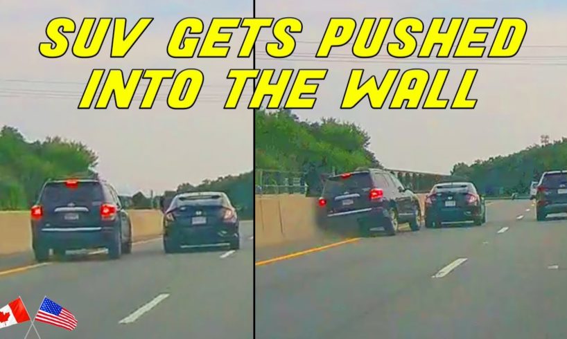 CAR CUTS ACROSS 3 LANES AND CAUSES SUV TO CRASH INTO BARRIER | Road Rage USA & Canada