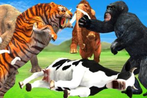 Giant Gorilla Fight Tiger Attack Cow Cartoon Saved By Elephant Mammoth Animal Fights