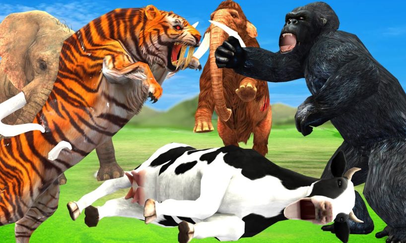 Giant Gorilla Fight Tiger Attack Cow Cartoon Saved By Elephant Mammoth Animal Fights