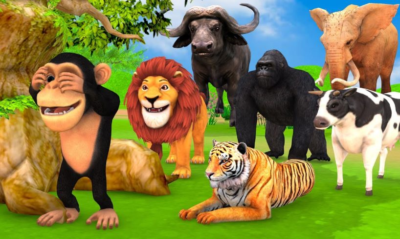 Hide and Seek Game With Cow Mammoth Elephant Tiger Lion Gorilla Dinosaur Wild Animals Escape Game