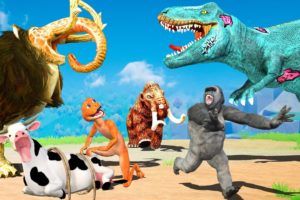 Monster Lion Mammoth vs Zombie Dinosaur Fight Cow Cartoon Rescue Saved By Woolly Mammoth Wild Animal