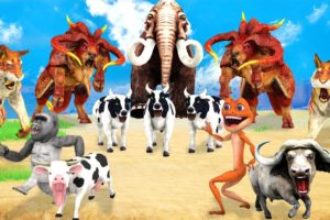 10 Giant Tiger vs 10 Giant Buffalo vs 10 Cow Cartoon Fight Mini Cow Buffalo Saved By Giant Elephant