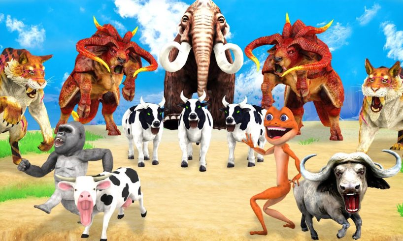 10 Giant Tiger vs 10 Giant Buffalo vs 10 Cow Cartoon Fight Mini Cow Buffalo Saved By Giant Elephant