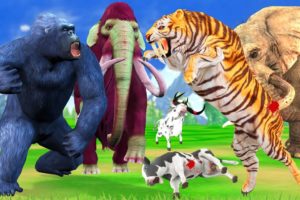 Giant Gorilla Fight Tiger Attack Cow Cartoon Saved By Elephant Mammoth Animal Fights