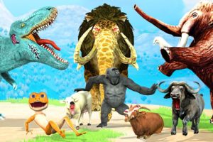 Giant Gorilla vs Zombie Dinosaur Fight Cow Cartoon Buffalo Goat Saved By Monster Lion Mammoth