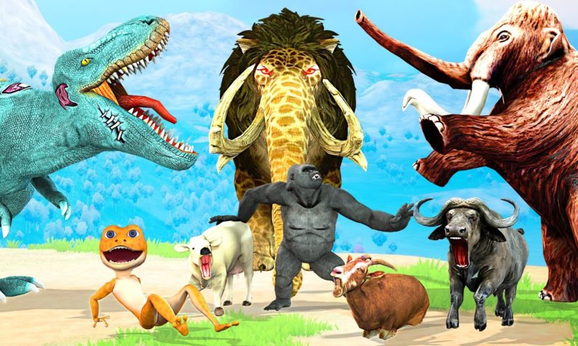 Giant Gorilla vs Zombie Dinosaur Fight Cow Cartoon Buffalo Goat Saved By Monster Lion Mammoth