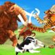 Giant Tiger wolf Attacks Cow Cartoon Saved By Giant Bull, Woolly Mammoth Elephant