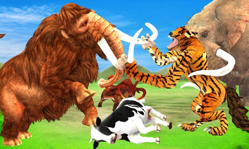 Giant Tiger wolf Attacks Cow Cartoon Saved By Giant Bull, Woolly Mammoth Elephant