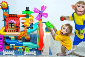 KiKi Monkey playing Marble Run Race and Lego Building Blocks with Naughty baby | KUDO ANIMAL KIKI