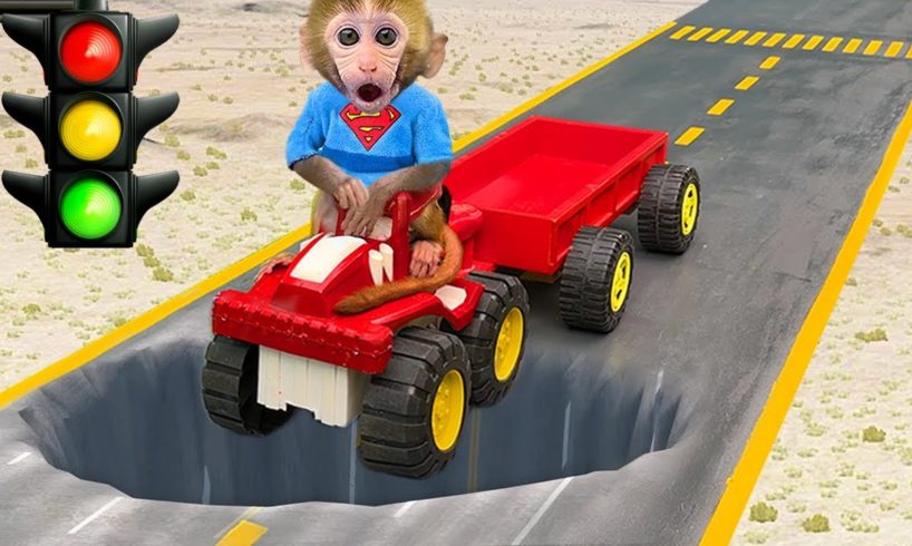 Monkey Baby Bon Bon drives a car and naughty with puppy and duckling by the track