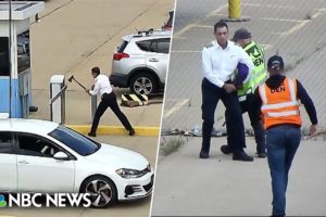 Watch: Video appears to show pilot destroy parking lot barrier with ax in Denver