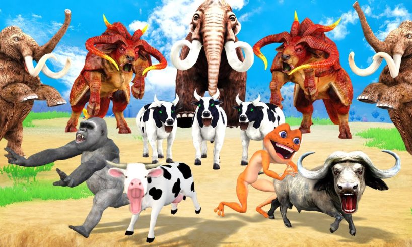 10 Mammoth Elephant vs 10 Giant Buffalo vs 10 Cow Fight Cow Cartoon Buffalo Saved By Giant Gorilla