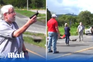 Shocking moment motorist shoots dead two environmental protesters blocking a road