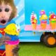 Monkey Baby Bon Bon drives the ice cream truck to the farm and eats rainbow ice cream  with puppy